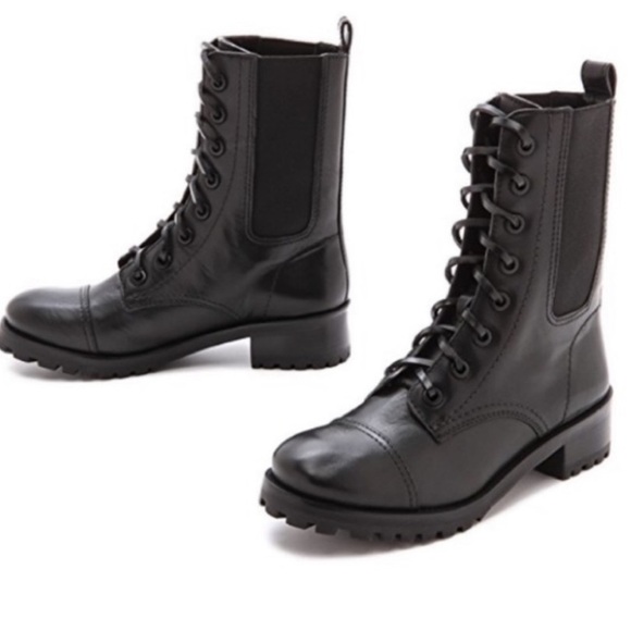 Tory Burch Broome Black Leather Combat Lug Sole Boots size 8 1/2 - Picture 1 of 10